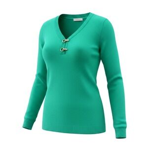Palette Womens Green V-Neck Sweater Gold Toggle Hardware Cotton Blend Large